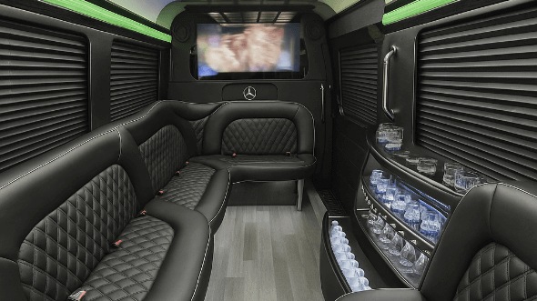 Interior of Santa Clarita Party Bus Company's 14 Passenger Sprinter Limousine in Santa Clarita