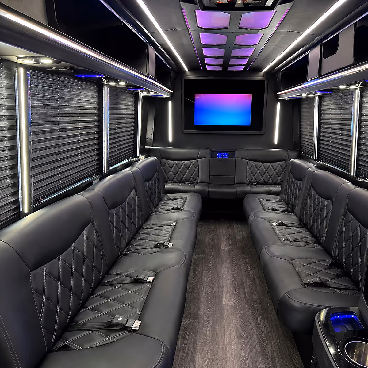 Wedding guests seated inside a party bus serving Santa Clarita